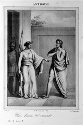 Antigone I. felvonás, 3. jelenet. Vittorio Alfieri olasz tragédiája, 1783-ban a görög mitológia nyomán. 18. századi metszet.