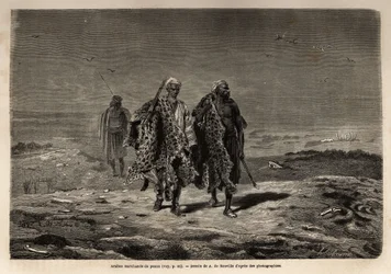 Arab beduinok, párducbőrök és juhgyapjúkereskedők, útban Bagdad (Irak) felvonulása felé. Guillaume Lejean 1866-os babiloni utazását illusztráló metszet a „Le tour du monde, nouveau Journal des voyages” című kiadványban, amely a szörnyűség alatt jelent meg.