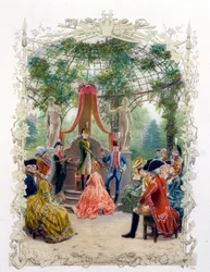 Arisztokrata szertartás egy kertben (Versailles-i kastély?) „” Egy minőségi nő a múlt században”” 1778-ban