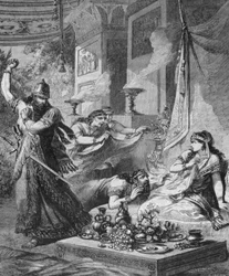 Assuerus 1er (Xerxes 1er) felfedezi Amant (Hámánt) Eszter lábainál.