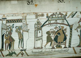 Az asztrológusok beszámolnak az üstökös (Halley) megjelenéséről, Harold szerencsétlenségéről, az alig koronás angol királyról Részlet a Bayeux-i kárpitról vagy Mathilde királynő hímzéséről