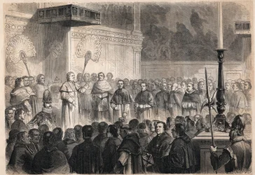 Pius (Pio) pápa (1792-1878) audienciája a római Sixtus-kápolnában (cappella sistina) a külföldi egyházaknak a 26 „Japán vértanú” szentté avatásának ünnepe alkalmából, a keresztre feszített katolikusok csoportja. Japánban 1597-ben
