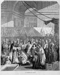 Clovis megkeresztelkedése II. Anasztáz által a reimsi katedrálisban 498. december 25-én – a „Histoire des popes” című kötetben 1, Maurice Lachatre.