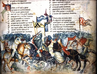 Csatajelenet. Miniatúra Benoît de Sainte-Maure „Roman de Troie” című művéből. 14. század, Biblioteca Marciana, Velence.