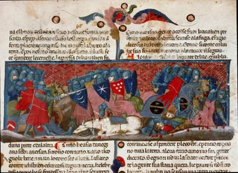 Csatajelenet, páncélos harcosok megütköznek egymással Részlet egy kéziratos oldalról „A rómaiak tényei” (Ms. 1538) 1340 körül Firenze, Biblioteca Riccardiana