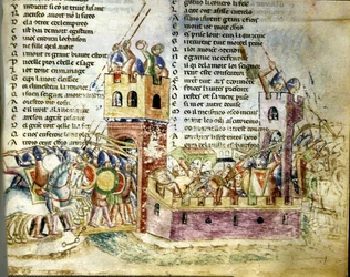Csatajelenet egy megerősített várban. Miniatúra Benoît de Sainte-Maure „Roman de Troie” című művéből.