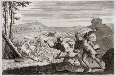 Royaumont-i Biblia, Ószövetség: Saul veresége. Saul seregét legyőzték a filiszteusok. Három gyermekét ott megölték, ő pedig a csatában súlyosan megsebesülve megölte magát. 1811-es illusztráció.