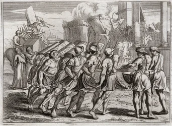 Royaumont Biblia, Ószövetség: Jerikóból vették. Jerikó falai a földre omlanak az Úr frigyládáját megelőző papok trombitáinak hangjára. Illusztráció 1811-ből.