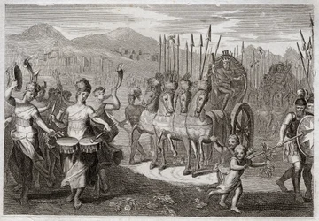 Royaumont Biblia, Ószövetség: Dávid diadala. Miután Dávid legyőzte az óriás Góliátot, Izrael asszonyai előtte mentek, hogy tiszteljék diadalát, örömujjongással és hangszerek hangjával. Illusztráció 1811-ből.