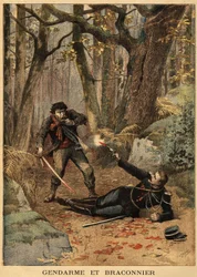 Véres küzdelem egy orvvadász és egy rendőr között Bezier környékén. Metszet a „” Le petit journal”-ban 1895.10.03. Selva gyűjteménye.