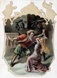 Kékszakáll. Charles Perrault meséje. 1697. A 19. század végének kromolitográfiája. Matrica: „Olcsón”. „Kékszakáll megpróbálja meggyilkolni feleségét, aki be akart menni abba a szobába, ahol az általa meggyilkolt feleségek vannak, hogy megbüntesse