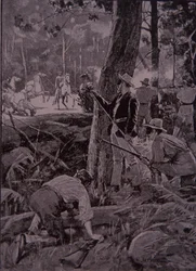 Bushrangers, ausztrál betyárok kirabolnak egy aranykísérőt (metszet)