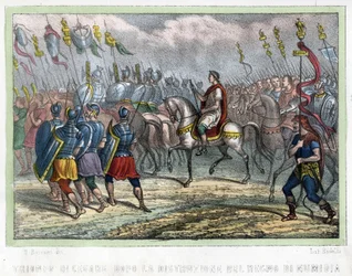 Cézár társulata a numidiai királyság lerombolása után – Leon Galibert „” ókori és modern Algériában”. Olasz kiadás 1846 színes.