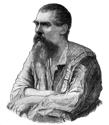 Richard Burton kapitány, brit felfedező, író, katona és diplomata – Sir Richard Francis Burton brit felfedező, író és nyelvész portréja (1821-1890) – Metszet a „Tizenkilencedik századi nagy utazások festői történetébe””. 1877