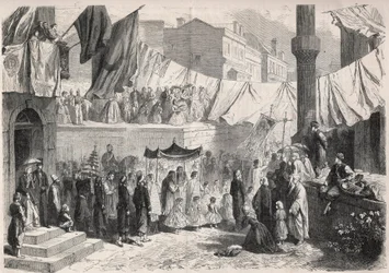 Katolikus körmenet Konstantinápoly utcáin a Fete Dieu (Fete-Dieu) alkalmából - Metszet: „A jeles világ”