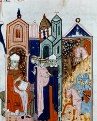 A „Decret de Gratien” („Concordia discordantium canonum” vagy „Decretum Gratiani”) 1140-ből származó miniatűr szerzetesi szokásának átvételének szertartása, amely a római katolikus egyház törvényeit és kánonjait szabályozza. 14. századi Cesena Biblioteca m