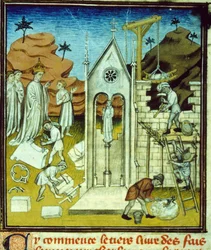 Nagy Károly meglátogatja a székesegyház építkezését - Középkori kézirat megvilágítása „Saint-Denis nagy krónikái” 14. század vége (ref. 512, 096r) Engedélykérés a toulouse-i Városi Könyvtárhoz (tel: 05 62)