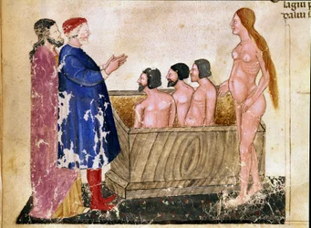 Adulátorok köre: Dante és Vergilius találkozik Alessio Interminellivel (vagy Intermineiivel), Lucca urával és Thaisszal, a prostituálttal. Megvilágított oldal, amely a Pokol 18. dalát illusztrálja Dante Alighieri (1265-1321) „Divina Commedia” című művéből.