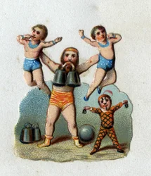 Cirkusz: egy alterofil karnyújtásnyira emel fel két férfit, miközben súlyt tart a fogai között, hogy bemutassa, mire képesek az izmai. Kromolitográfia 1890 körül.
