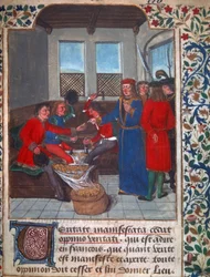 Érmeverés a középkorban. Miniatűr Nicolas Oresme (1320-1382) vázlatából. 15. század B.N. Párizs