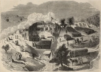 Conquete de Algerie: expedíció Nagy-Kabiliába 1857-ben, a Napóleon-erőd első kövének letétele Souk-el-Arba-ban (Souk el Arba). Metszet a „Le Monde illustrious”-ban 1857-ből. Magángyűjtemény.