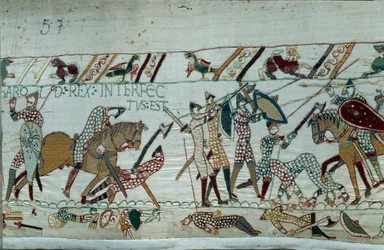 Anglia meghódítása Normandia hercege, Hódító Vilmos (1027-1087) által 1066-ban: II. Harold király halála nyílvesszővel a hastingsi csatában. Részlet a Bayeux-i kárpitról vagy Mathilde királynő hímzéséről