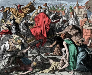 Ifjabb I. Konrád a koronázásra tart - Germániai I. Konrádot (meghalt 918-ban) 911-ben Nyugati Frankország királyává koronázták - Carl Ferdinand Obermann (1823-1910) fametszete
