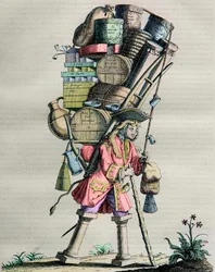 Parisa jelmezei a századon át - Metszet sz. 81 „Admire la Force” címmel – Karikatúra, amelyet drogászok készítettek Armand Nompar II de Caumont (1679-1761) ellen. La Force hercege 1721-ben monopóliummal vádolja.
