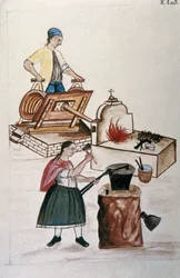 Pár Moyobamma metisse vasat dolgoz fel egy kovácsműhelyben, Baltazar Martinez Compañón y Bujanda, Trujillo püspöke (1782-1785) "Trujillo del Peru" vagy "Códice Martínez Compañón" című könyvéből