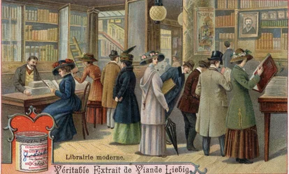 Vásárlók és könyvkereskedő egy modern könyvesboltban, 19. század vége. Kromolitográfia, Liebig-kép.