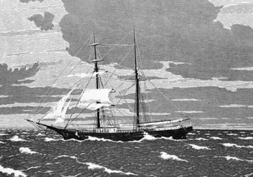 1872 decemberében Mary Celestét elhagyatottan találták az Atlanti-óceán közepén, az Azori-szigetek közelében. A kapitány, felesége és kétéves kislányuk, valamint a legénység nyolc tagja eltűnt. Metszet 19. század.