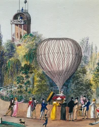 Hőlégballon indulása, akvarell, Bécs, Ausztria