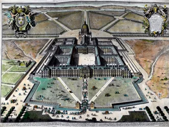 A 18. századi párizsi hotel des Invalides külső képe. 18. századi metszet. Magángyűjtemény.