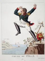 A zsarnok bukása: Napóleon ugrás a Mount St John-ról (A Waterloo-i csata) a St. Helene-szigetre – a „” Napóleon 1st, karikatúrák, próbabábu gyűjtemény” című filmben”,