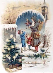 Mikulás gyerekekkel. 1892 kromolitográfia.