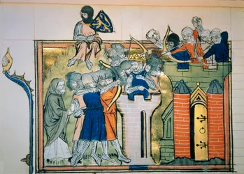 Az első keresztes hadjárat: Godefroi (vagy Godefroy) Bouillonból (1058-1100) egy kerek toronyban megtámadta Jeruzsálemet 1099-ben. Miniatűr a „” Roman De Godefroy De Bouillon et de Saladin”-ból”