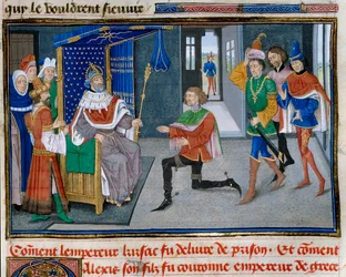 Negyedik keresztes hadjárat: IV. Alexis Angel (1182-1204) császárkoronája apja, II. Izsák mellett, miután 1203-ban ki tudta szabadítani a börtönből. Miniatűr David Aubert „” Chronicle abregee” című könyvéből