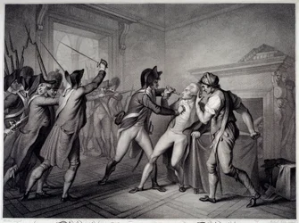 Francia forradalom: Robespierre letartóztatása 1794. július 27-én (II. évf. Thermidor 9.). 18. századi metszet. Párizs, Musee Carnavalet