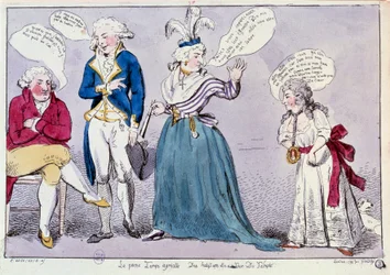 Francia forradalom: Karikatúra Mária Antónia királyné (1755-1793) és XVI. Lajos családja ellen, akik a Temple börtönében vannak bezárva. A királyné és a király testvére, Madame Elisabeth, a király szeme láttára vitatkoznak. Szavaik beszédbuborékokban