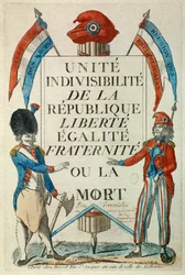 Francia forradalom: „A Köztársaság egysége, oszthatatlansága. Szabadság, Egyenlőség, Testvériség vagy halál”. Propagandaplakát sans-culotte-okkal és kokárdával. 1794-es nyomat, Párizs, Musée Carnavalet
