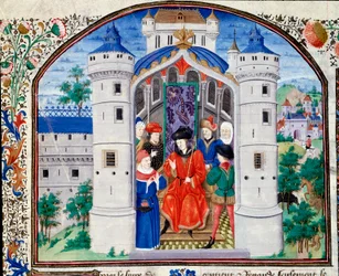 Közgazdaságtudományi Frontispice képviseli a szerzőt, aki bemutatja művét a királynak. Miniatűr a kéziratból (Ms 927 Fol.426) "" Kommentár a politikai és gazdasági etikához"" Arisztotelész (Kr. e. 383-322) görög filozófustól Nicolas Oresme fordításában (