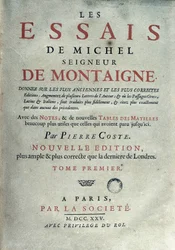 Michel de Montaigne (1533-1592) francia író és humanista „Les essays” című művének előlapja. 1725 Barcelona. Biblioteca de Catalunya