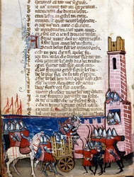 Hősi ének: csatajelenet egy megerősített város közelében. Nagy Károly (742-814) csapatai a spanyolországi mórok ellen harcoltak. Miniatúra az „Entrée d