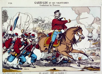 Giuseppe Garibaldi (1807-1882) önkénteseivel harcolt a poroszok ellen. „Előre, éljen Franciaország” 1871 körül. Metszet B.N. Párizs