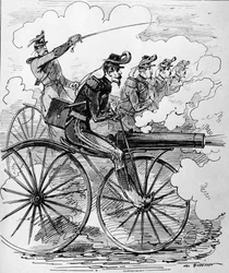 Humoros metszet: Gépfegyverekre alkalmazott Velocipedomania - 19. század.