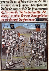Százéves háború: a crecy-i csata 1346.08.26-án a franciák és az angolok között. Miniatűr Jean Froissart (1337-1400) krónikáiból