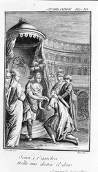 Semiramis illusztrációja, Antonio Salieri (1750 - 1825) operája. Pierre Metastase (vagy Peter Metastasius) füzete. III. felvonás, utolsó jelenet.