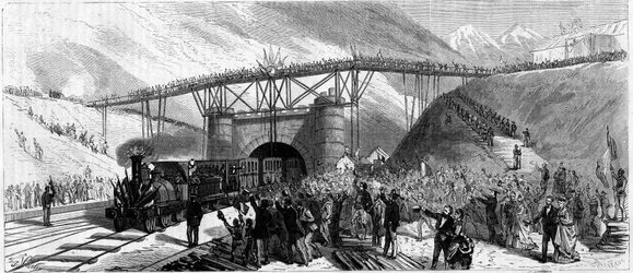 A Mont Cenis (Monte Cenisio) alagút felavatása 1871-ben. A vonat érkezése Bardonneche-be (Bardonecchia) hív.