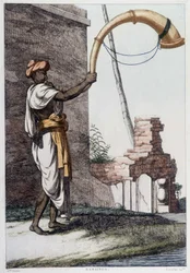 Indiai kultúra, civilizáció és társadalom: zenész hagyományos indiai fúvós hangszerrel (Sournae). Metszet 1808-ból.