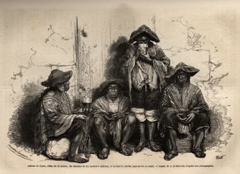 Cuzco (Peru) indiánjai, a manta vetusai, szandálok és hagyományos sombrero, akiket a Chincha-szigetek guanólelőhelyeinek kiaknázására alkalmaztak, vízipipát isznak, de erjesztett pálinkát. Metszet a Les iles Chincha illusztrálására, L.Simo rekt